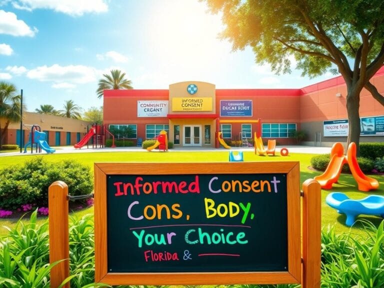 Flick International A serene schoolyard scene in Florida with a playground displaying vibrant toys and a chalkboard illustrating informed consent and personal choice.