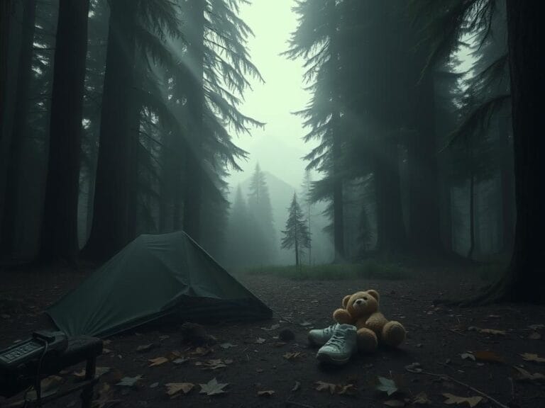 Flick International Dense misty Washington forest with abandoned campsite remnants