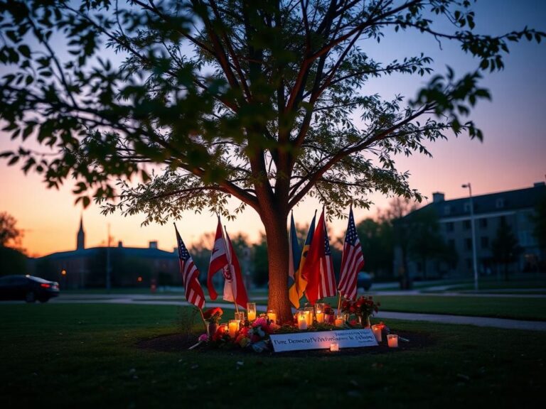 Flick International Tranquil college campus at twilight with candle vigil and political flags