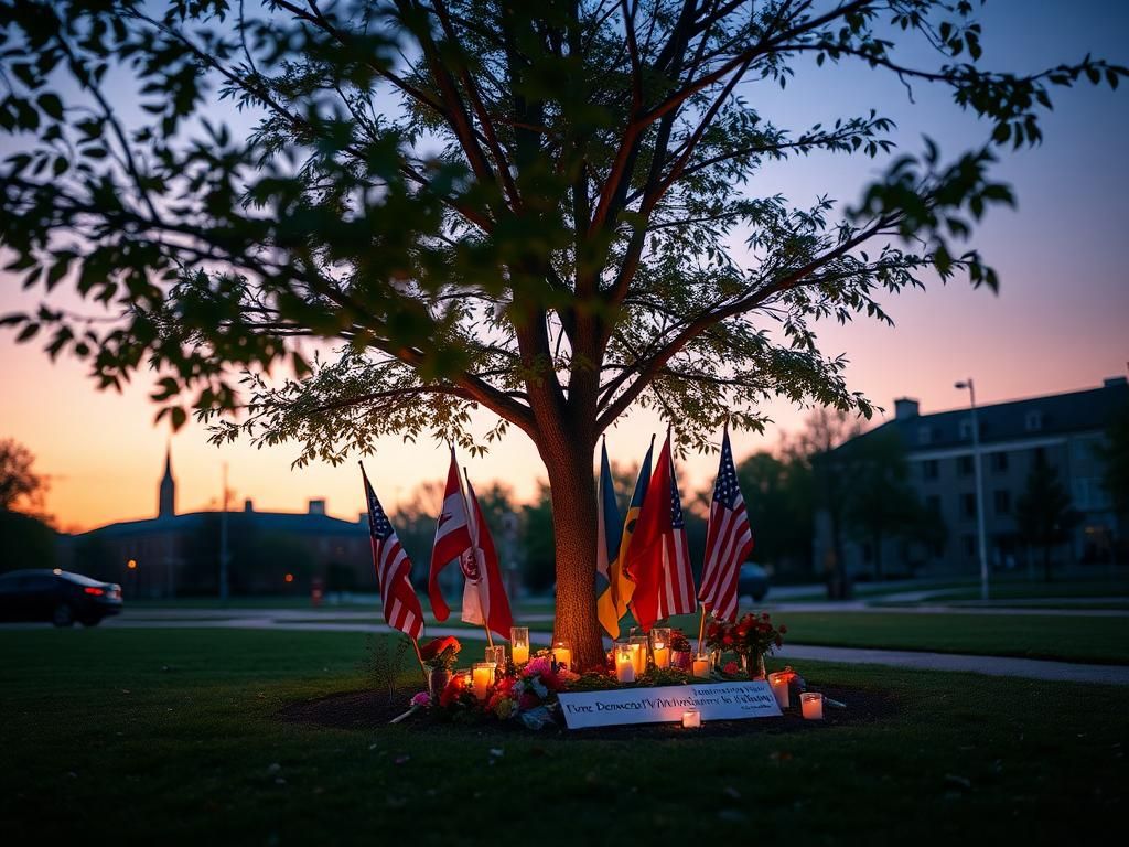 Flick International Tranquil college campus at twilight with candle vigil and political flags