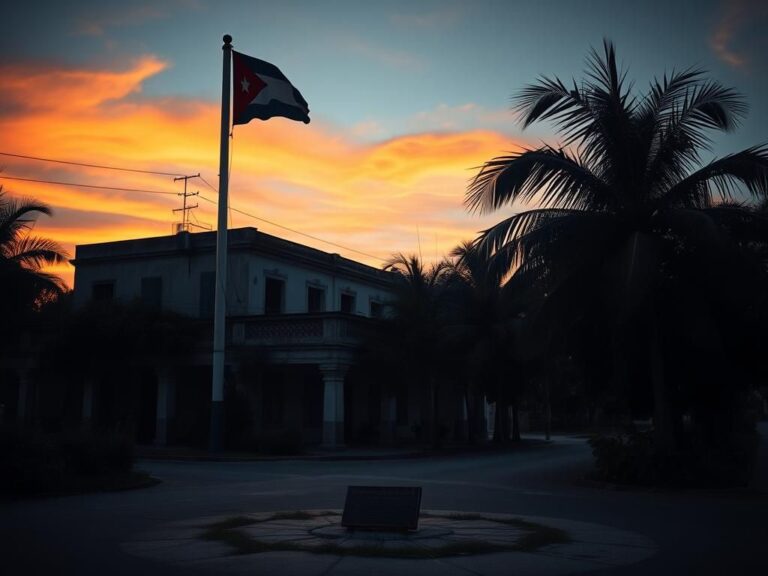 Flick International A somber Cuban street at dusk, featuring a weathered building and a gently waving Cuban flag.