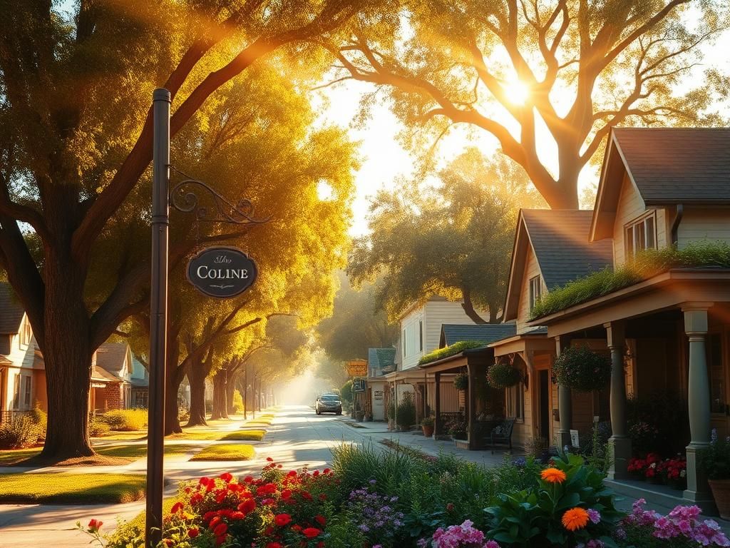 Flick International Serene small-town landscape with tree-lined streets and charming cottages