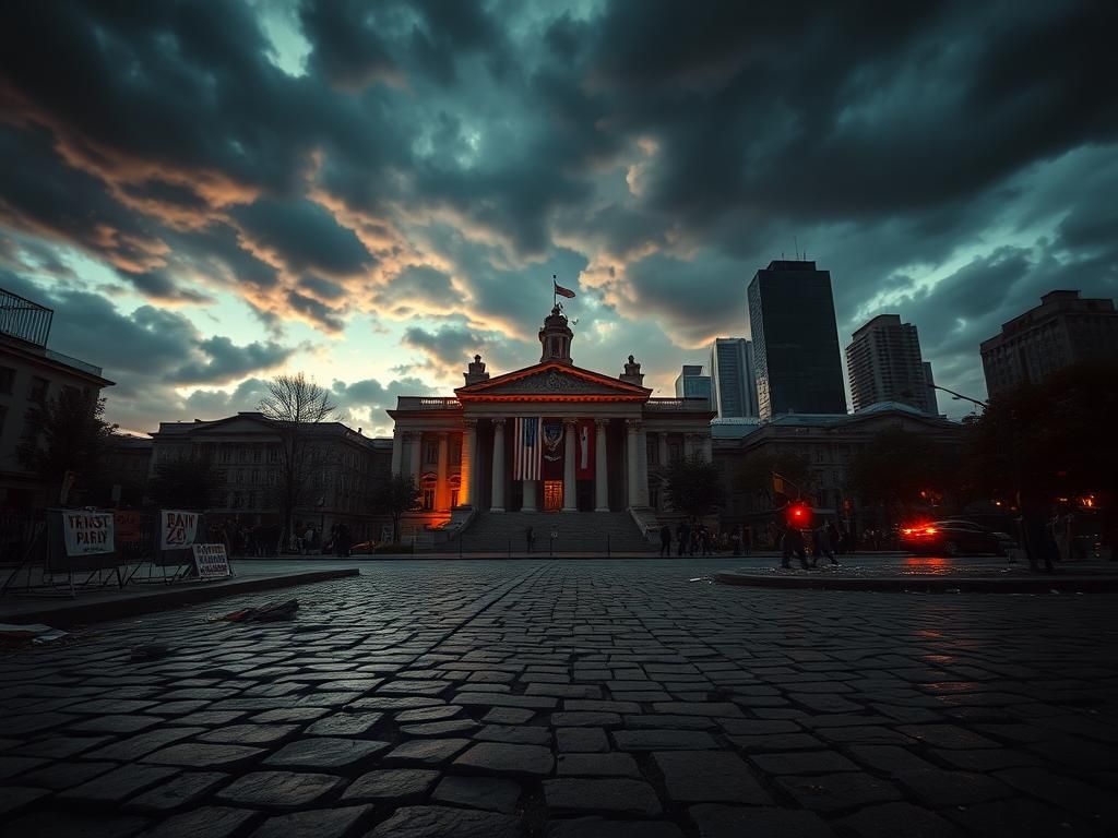 Flick International Dramatic urban landscape illustrating political unrest