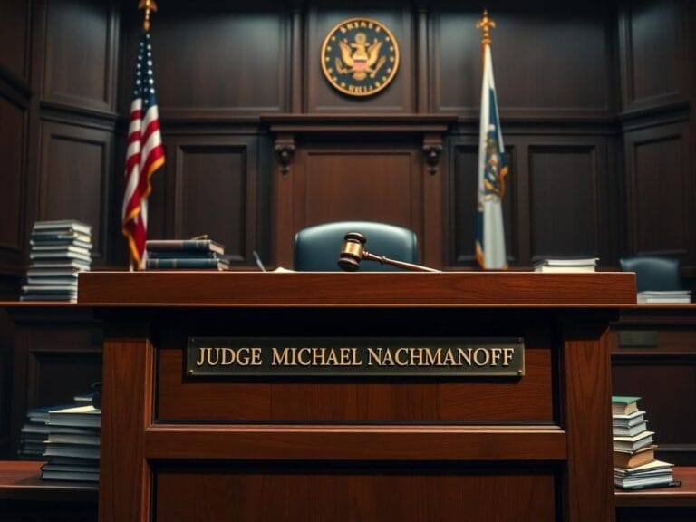 Flick International Detailed courtroom setting with Judge Michael Nachmanoff's nameplate, law books, and flags in the background