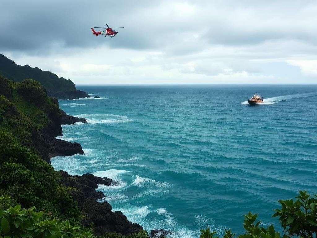 Flick International Coast Guard helicopter conducting a search operation over Hanalei Bay in Kauai, Hawaii