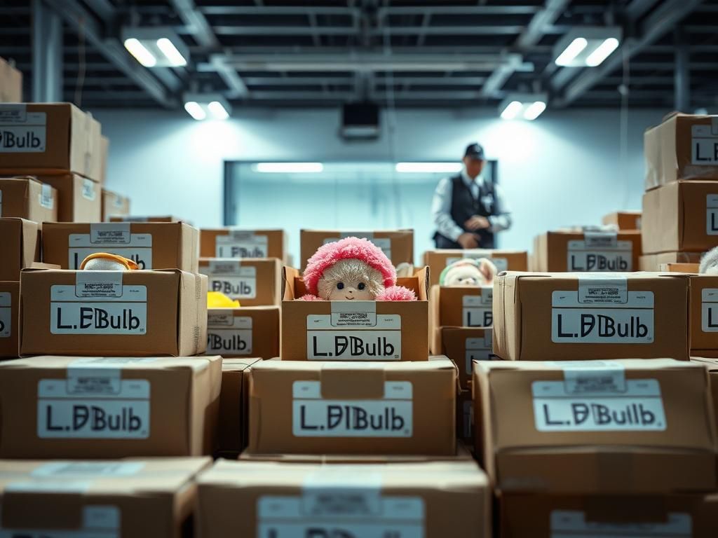 Flick International Stacked boxes of fake Labubu dolls disguised as LED bulbs at Seattle airport