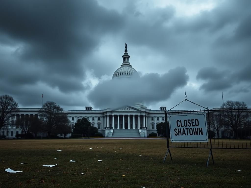 Flick International U.S. Capitol Building surrounded by dark clouds symbolizing government shutdown uncertainty