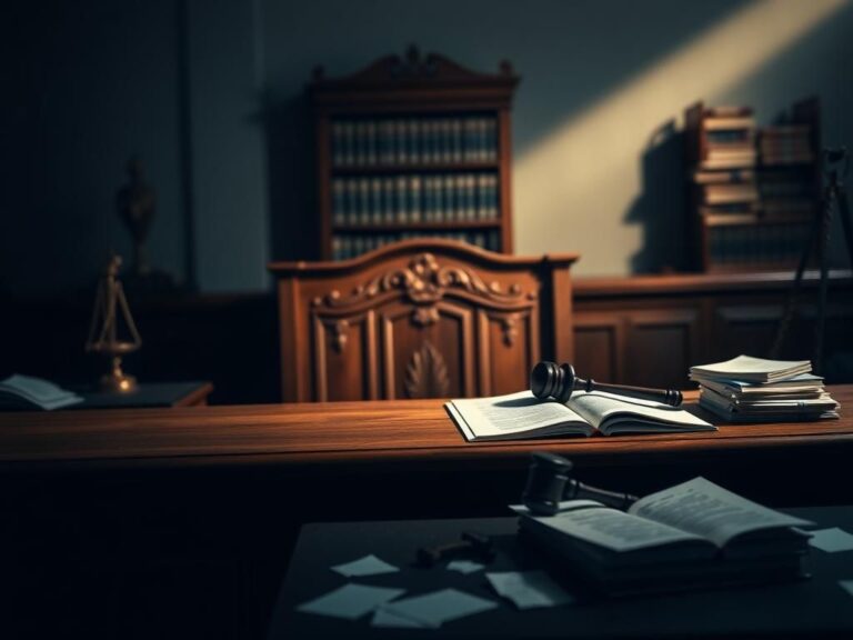 Flick International A somber courtroom scene featuring a wooden judge's bench and blurred silhouettes of justice symbols.