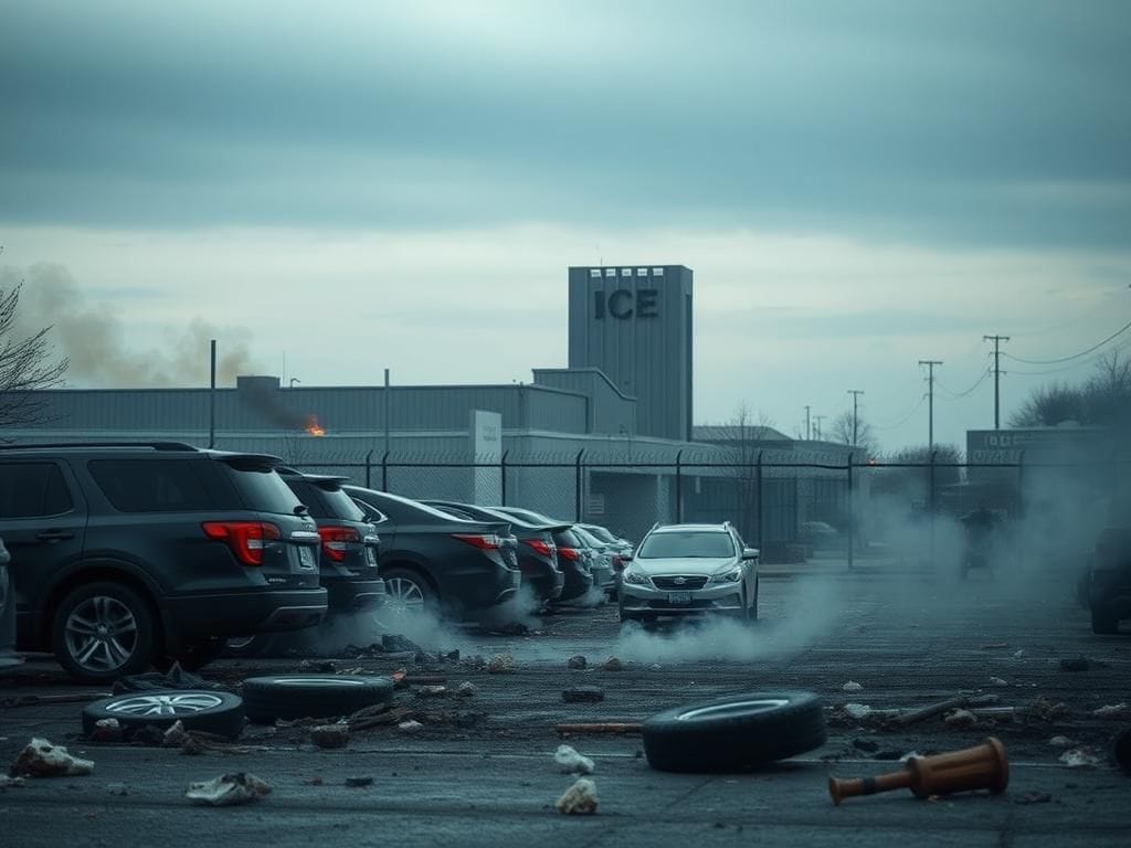 Flick International A chaotic scene at the ICE processing center in Broadview, Illinois, with slashed tires and smoke from tear gas.