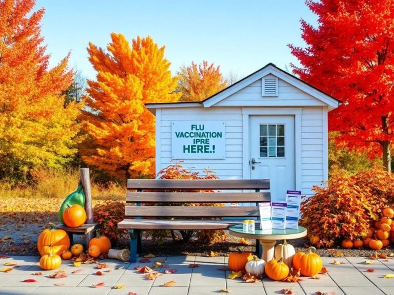 Flick International A serene autumn scene with colorful trees and a clinic sign promoting flu vaccinations.