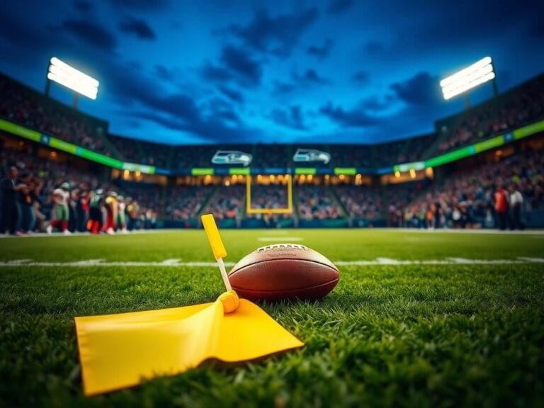 Flick International Close-up of a football and yellow penalty flag on a vibrant football field