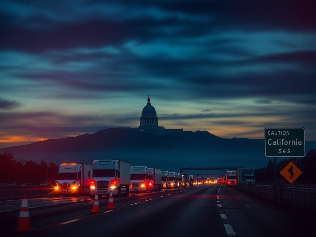 Flick International Dramatic highway scene with parked trucks and emergency lights at dusk