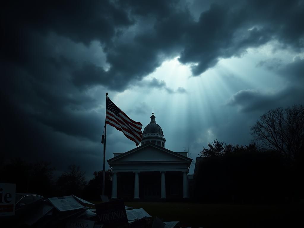 Flick International Dark stormy sky over Virginia political office with American flag in foreground