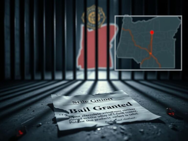 Flick International Dark jail cell with shadowy bars and a shattered court document symbolizing a clerical error in a murder suspect's release