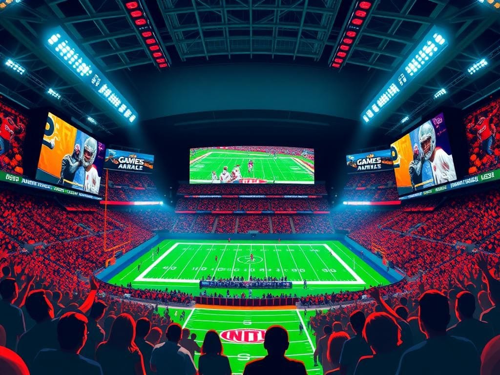 Flick International A vibrant NFL stadium filled with fans and large digital advertisements during a live football game.