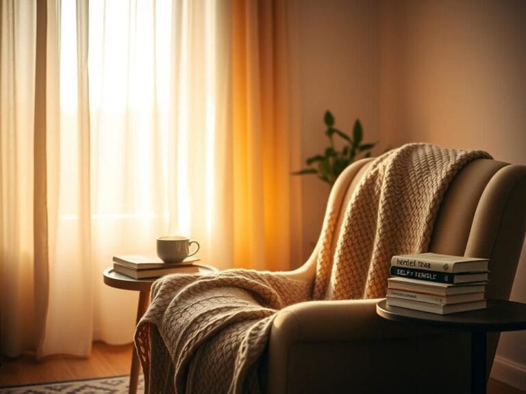 Flick International A cozy indoor scene featuring a comfortable armchair, herbal tea, and self-help books, symbolizing reflection and emotional healing.