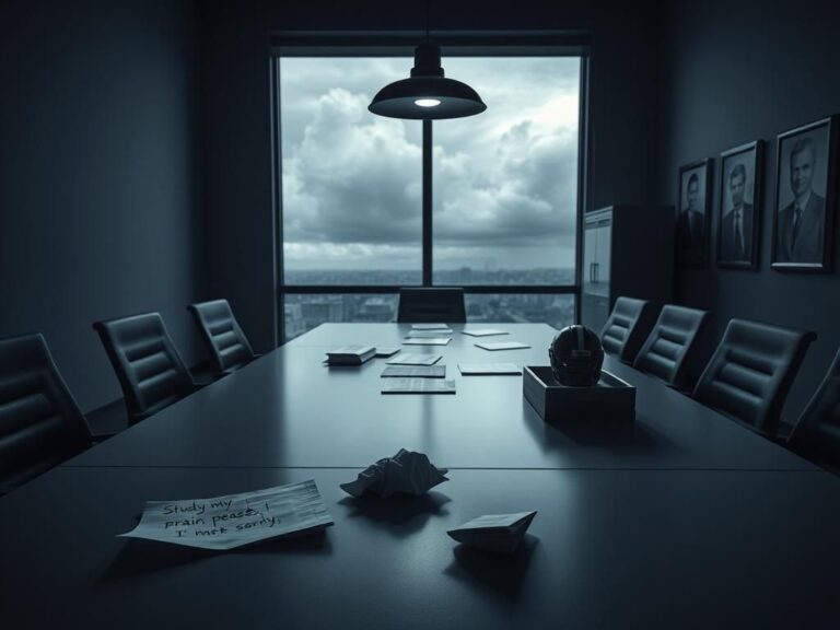 Flick International Dimly lit office space with a modern conference table, reflecting the aftermath of a tragic shooting incident.