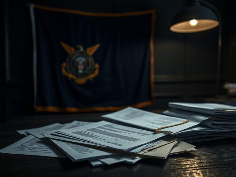 Flick International A dramatic stack of official documents on a dark wooden table, symbolizing a political scandal