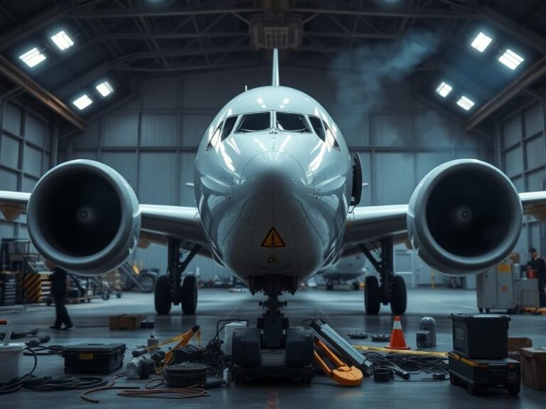 Flick International Airbus A320 aircraft under maintenance with focus on the auxiliary power unit and signs of oil leaks