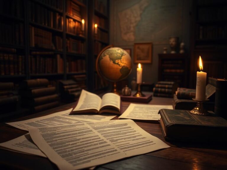 Flick International An enigmatic library filled with old books, documents with redacted text, and a flickering candle casting shadows.