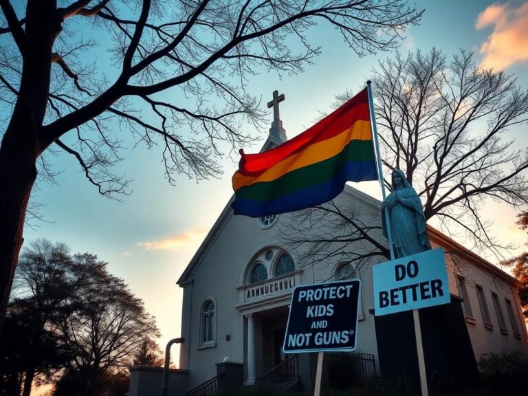 Flick International A serene view of Annunciation Catholic Church with a pride flag and protest signs