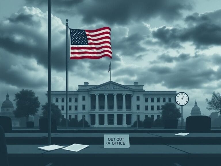 Flick International Government office building with American flag at half-mast symbolizing uncertainty