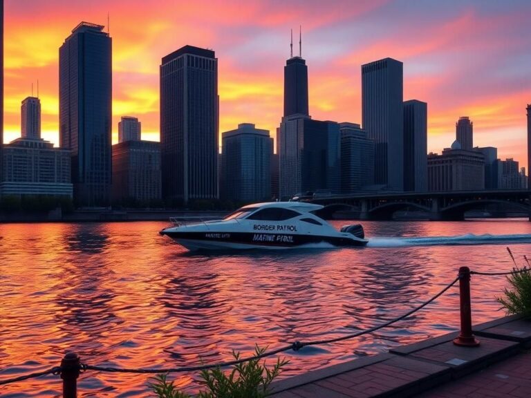 Flick International A Border Patrol marine unit navigating the Chicago River at dusk against a vibrant sunset.