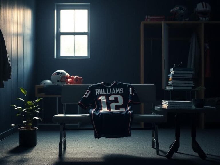 Flick International Empty coaching bench with a New England Patriots jersey symbolizing the absence of Terrell Williams