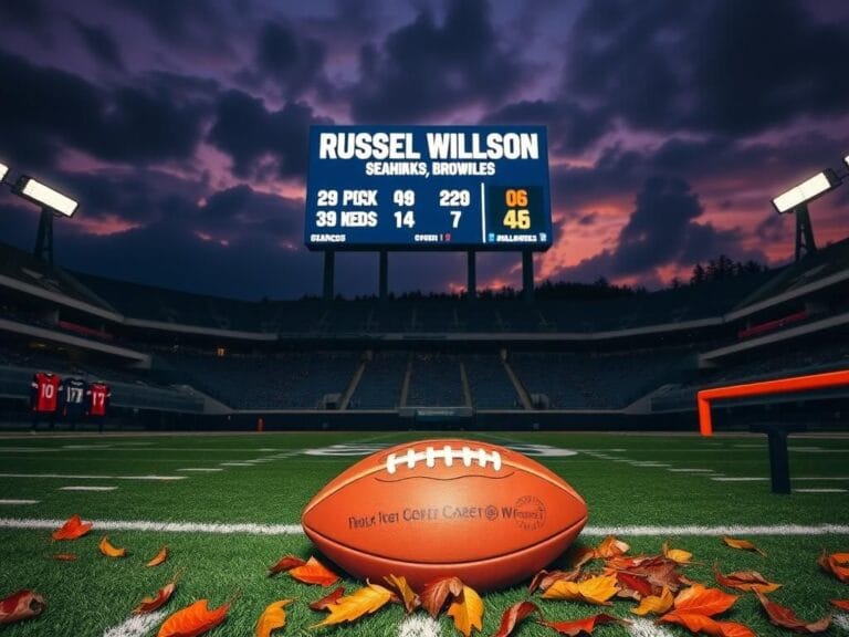 Flick International An empty football field at twilight with an illuminated scoreboard displaying Russell Wilson's name and stats.