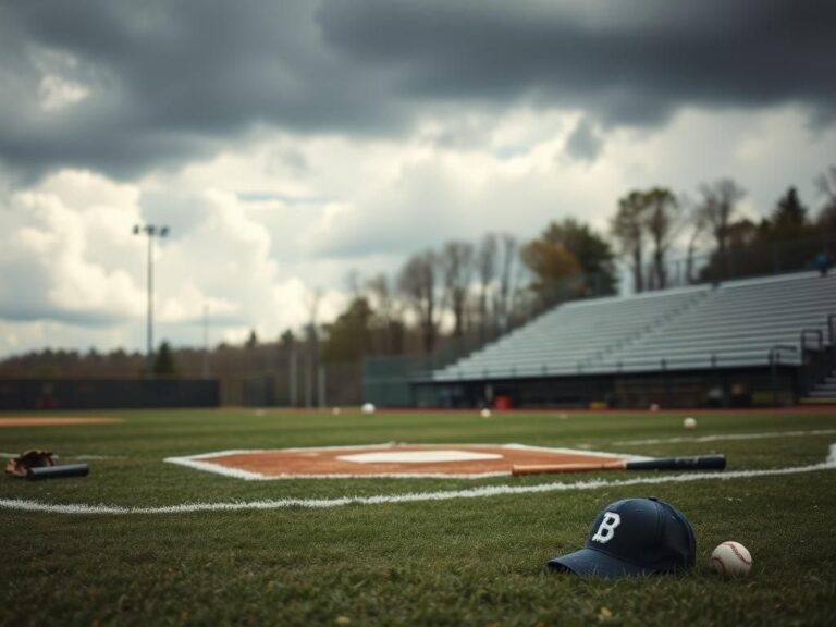 Flick International Chaotic scene at a youth baseball field with empty bleachers and scattered equipment after a violent incident