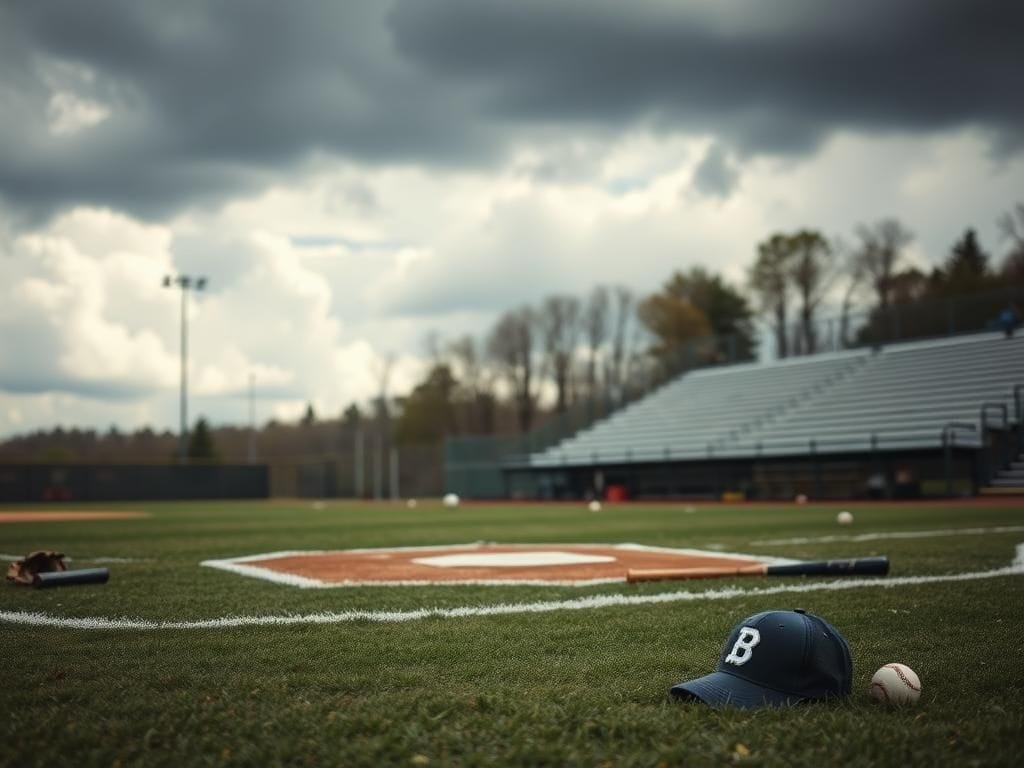 Flick International Chaotic scene at a youth baseball field with empty bleachers and scattered equipment after a violent incident