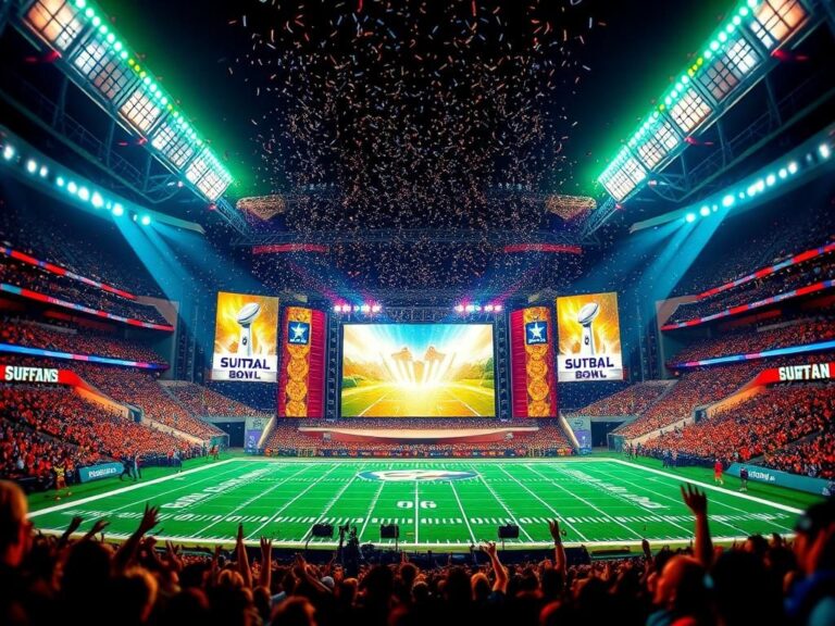 Flick International Vibrant stadium scene for the Super Bowl halftime show with a decorative stage illuminated by colorful lights.