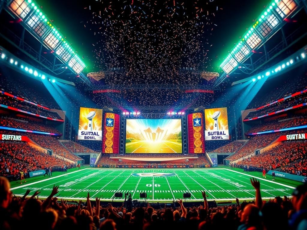 Flick International Vibrant stadium scene for the Super Bowl halftime show with a decorative stage illuminated by colorful lights.