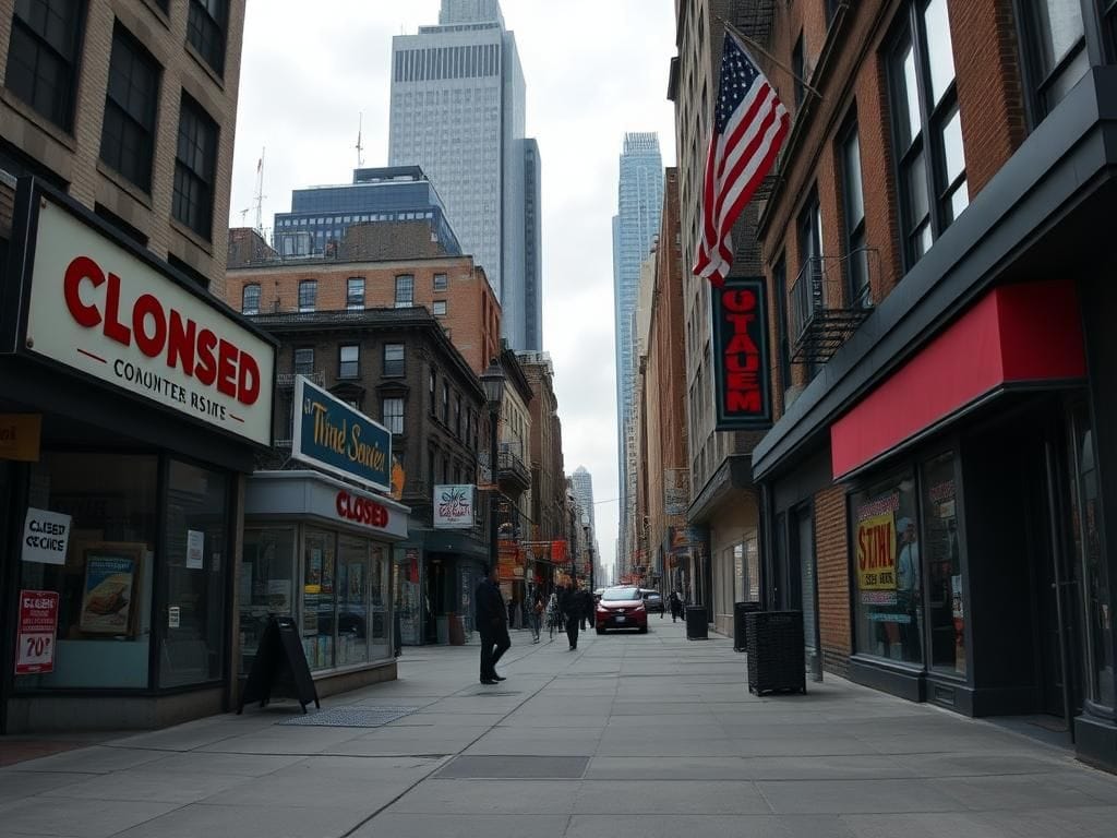 Flick International A bustling New York City street scene showcasing small businesses with closed signs