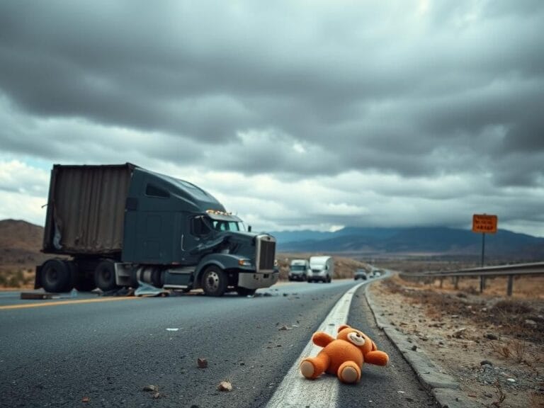 Flick International Wrecked semi-truck on deserted highway with debris and a teddy bear symbolizing lost childhood