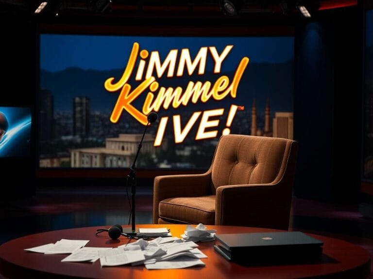 Flick International Television studio set with 'Jimmy Kimmel Live!' logo and an empty armchair with a microphone