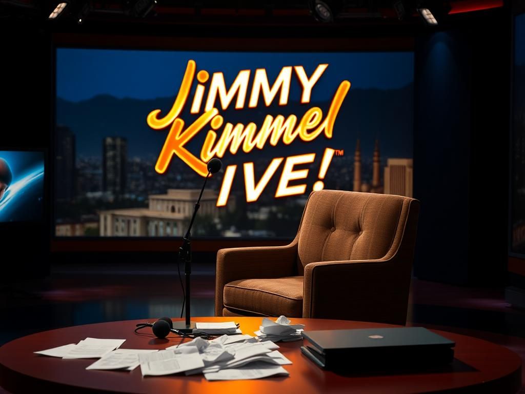 Flick International Television studio set with 'Jimmy Kimmel Live!' logo and an empty armchair with a microphone