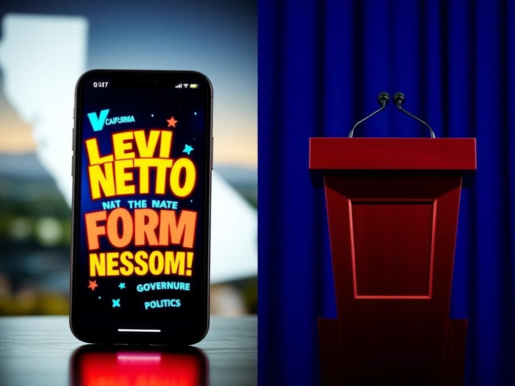 Flick International Split screen of a modern smartphone with social media interface and a classic podium with microphone