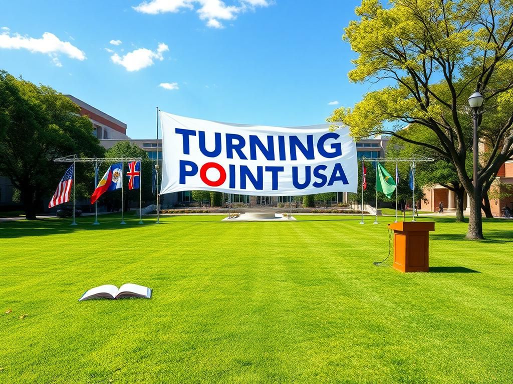 Flick International Vibrant university campus scene with Turning Point USA banner