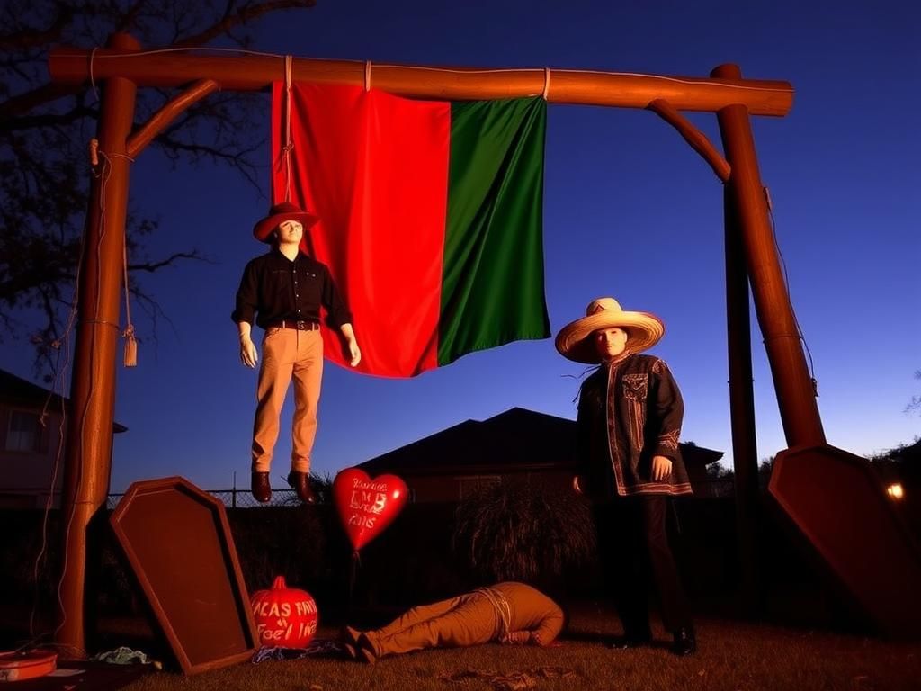 Flick International Halloween display featuring mannequins in red hats hanging from gallows beneath a Mexican flag