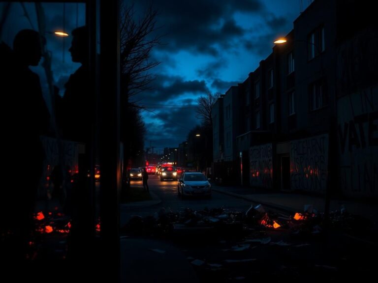 Flick International Urban landscape at dusk showing shattered glass and graffiti symbolizing political unrest