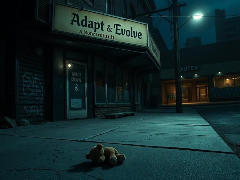 Flick International Dark urban scene of a rundown nonprofit building with a faded sign reading 'Adapt & Evolve', illuminated by a flickering streetlight.