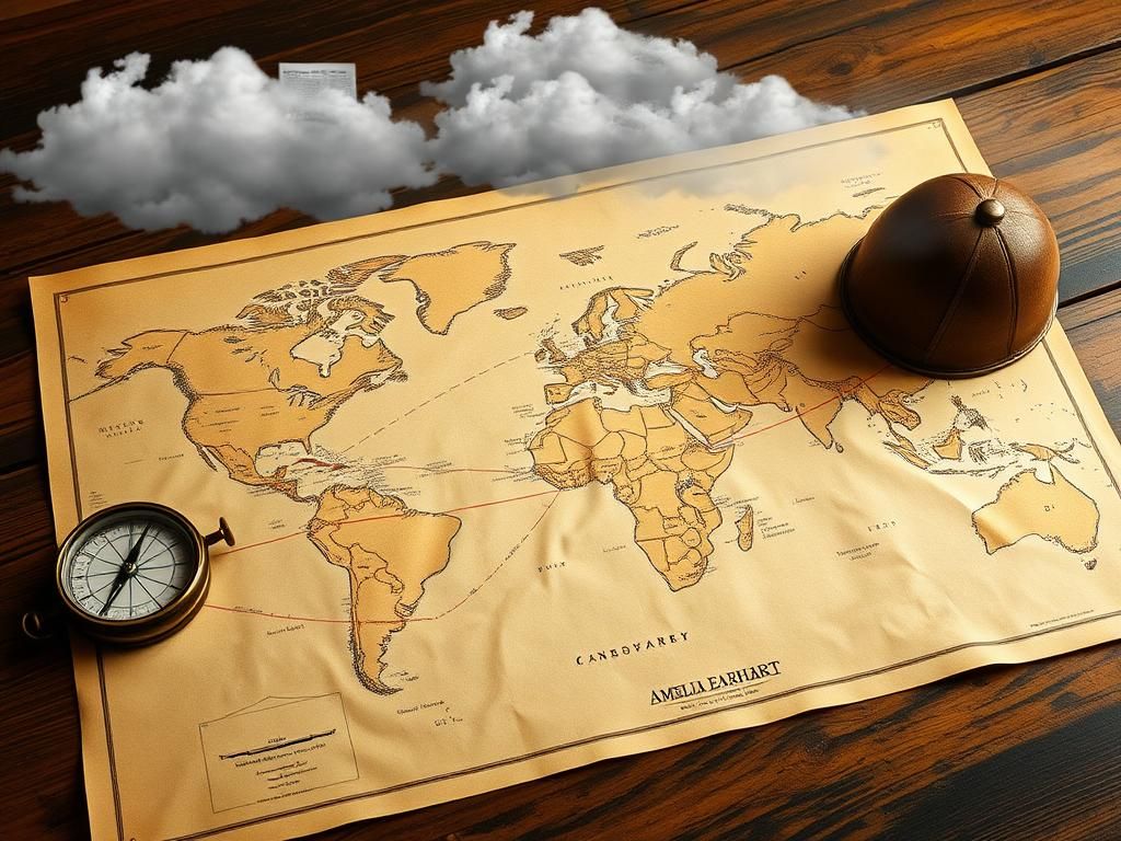 Flick International Vintage-style map illustrating Amelia Earhart's global journey with an antique compass and aviator's helmet