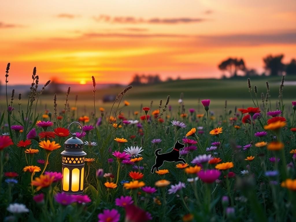 Flick International Vibrant wildflowers and glowing lantern in a serene garden at sunset symbolizing love and remembrance