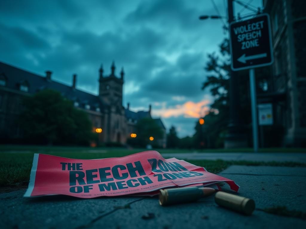 Flick International somber campus scene with flyers referencing violence and unrest on the ground