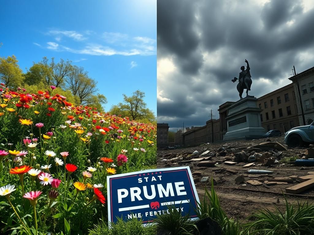 Flick International A contrasting scene depicting a vibrant spring landscape on the left and a dark, chaotic urban environment on the right, symbolizing division in American politics.
