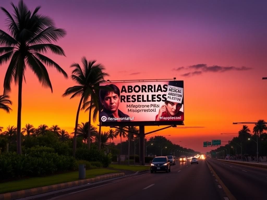 Flick International Billboard advertisement for mifepristone and misoprostol medical abortion pills on a busy Florida highway at dusk