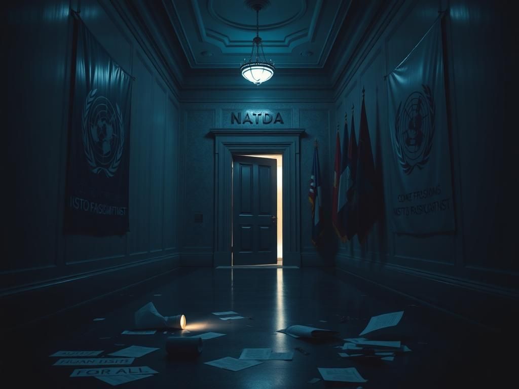 Flick International Dimly lit hallway inside a building resembling the United Nations, conveying a sense of unrest.
