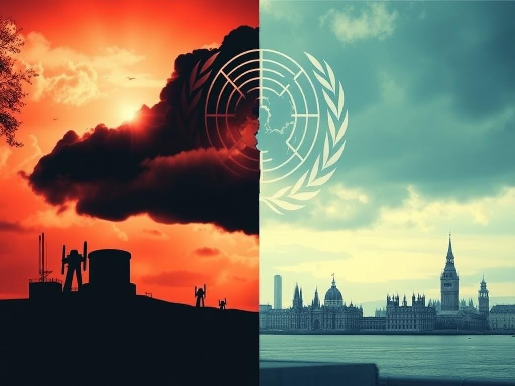 Flick International Geopolitical tension illustrated by a split image of conflict and peace