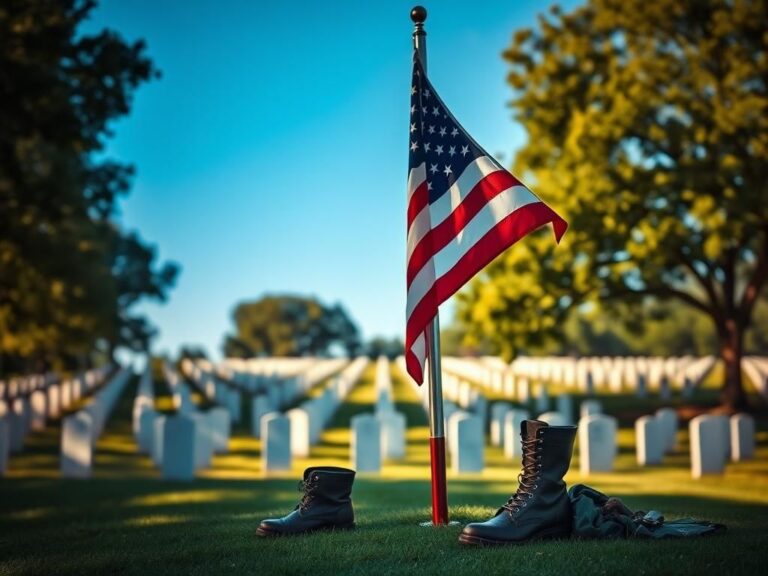 Flick International A peaceful military cemetery scene honoring Sgt. Michael Verardo with an American flag and headstones